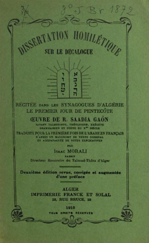 Dissertation homilétique sur le Décalogue, récitée dans les synagogues d'Algérie le premier jour de Pentecôte